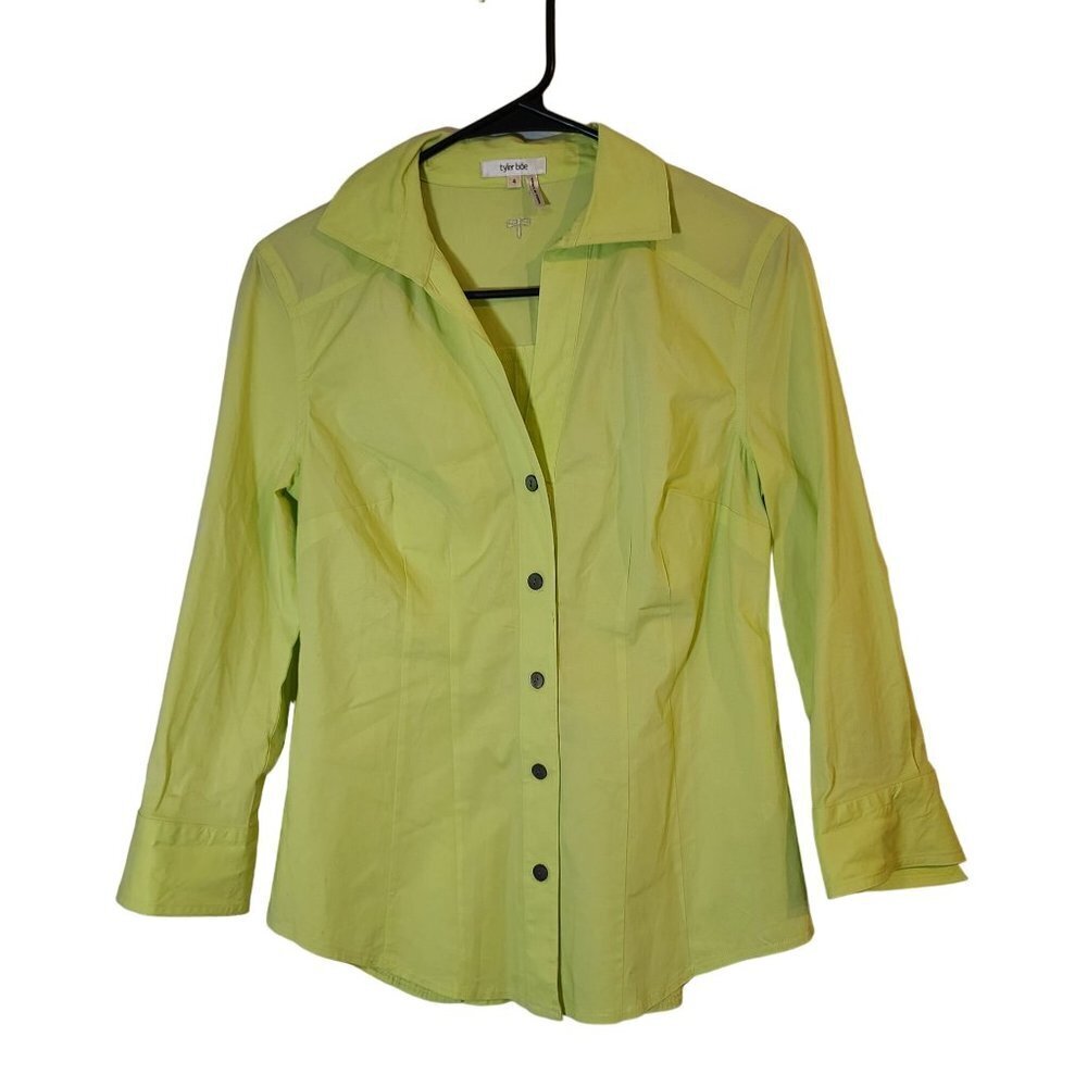 Tyler‎ Boe Cotton Blend Button Down 3/4 Sleeve Blouse Lime Green Pleated Back 4